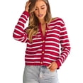 thumbnail image 1 of Women's Lightweights Button Down Long Sleeve Casual Crew Neck Soft Knit Cardigan Sweater Tops Red & White L, 1 of 9