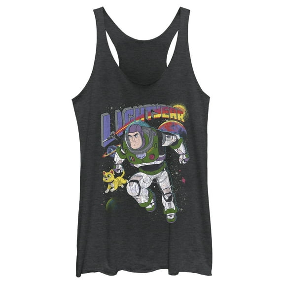Women's Lightyear Retro Distressed Buzz and Sox  Racerback Tank Top Black Heather X Small