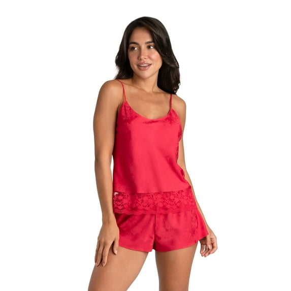 Women's Lilac+London Lace Hem Satin Camisole & Pajama Shorts Sleep Set Color: Red Size: X LARGE