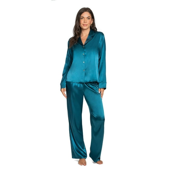 Women's Lilac+London Notch Collar Satin Pajama Top & Pajama Bottom Set Color: Teal Size: X LARGE