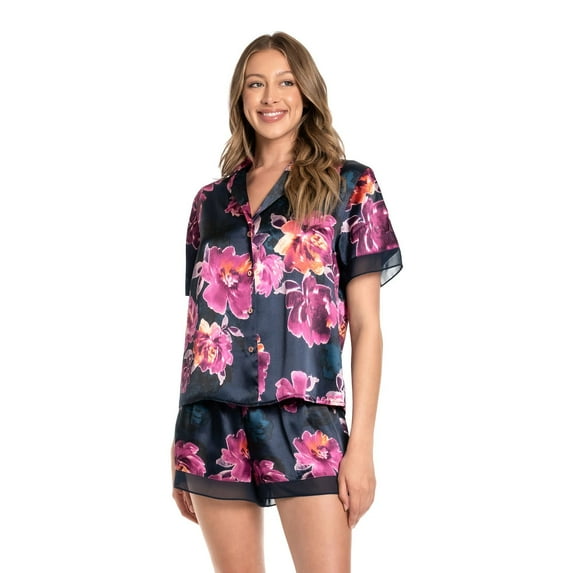 Women's Lilac+London Satin Short Sleeve Pajama Top & Chiffon Trim Pajama Shorts Color: Veddika Size: X SMALL