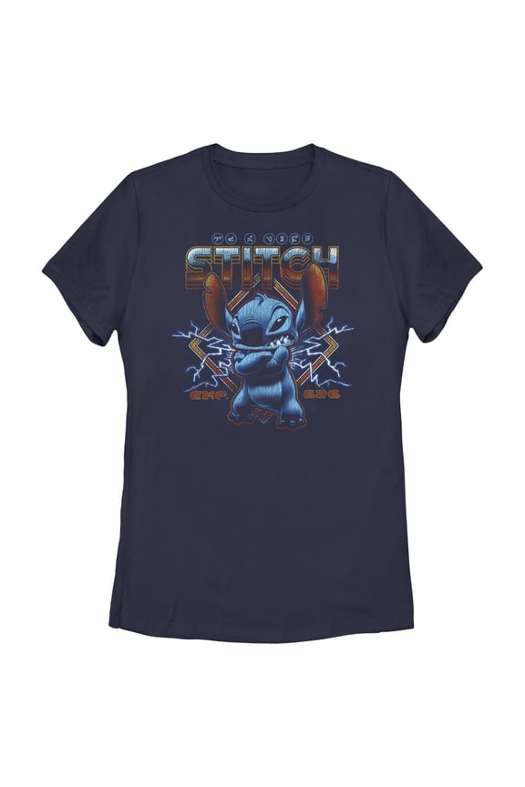 Women's Lilo & Stitch 80s Rocker Stitch Graphic Tee Navy Blue Small