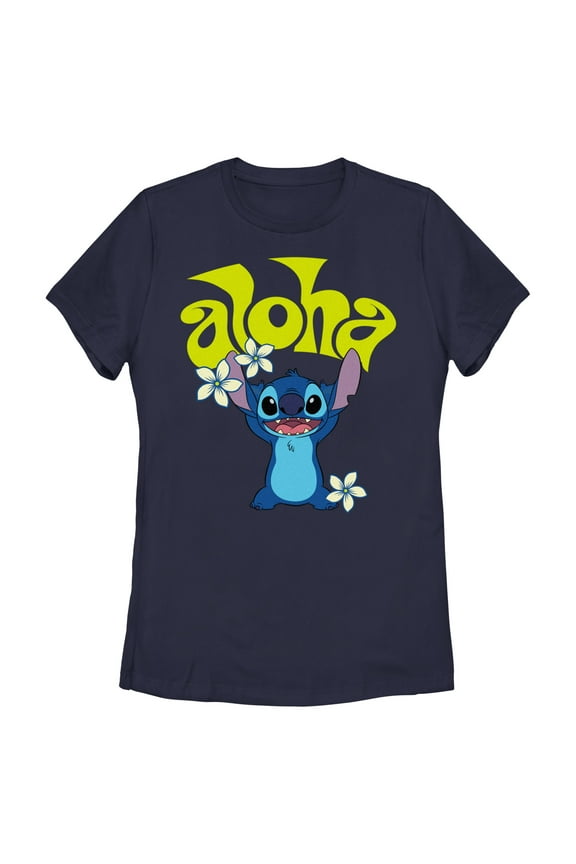 Women's Lilo & Stitch Aloha Wavy Text Graphic Tee Navy Blue Medium
