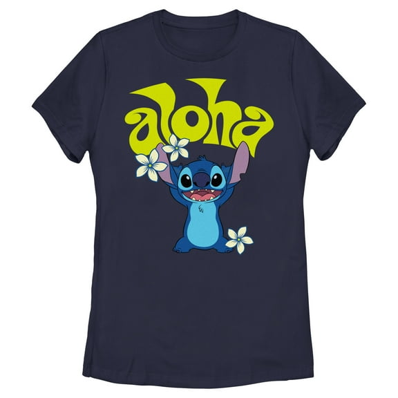 Women's Lilo & Stitch Aloha Wavy Text Graphic Tee Navy Blue Small
