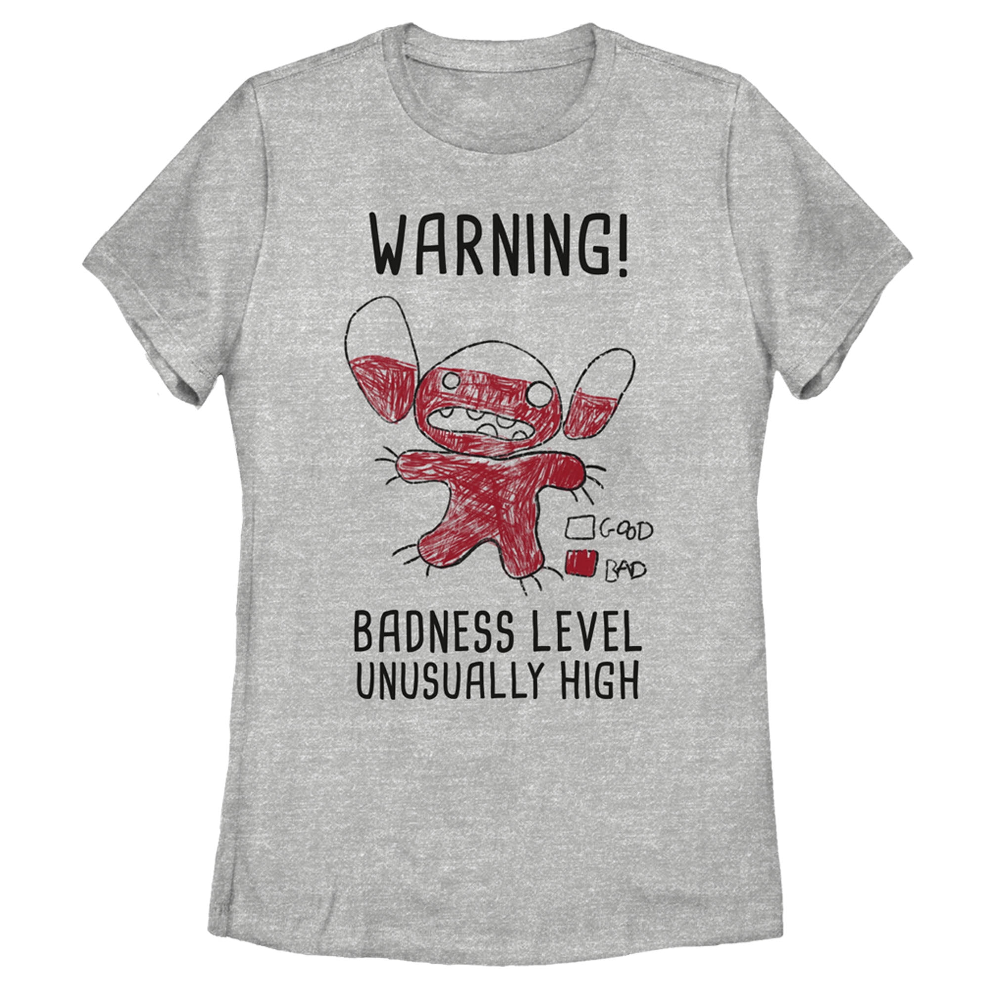 Women's Lilo & Stitch Badness Level Warning Sketch Graphic Tee Athletic  Heather X Large