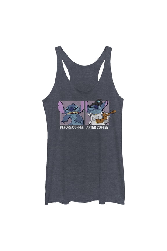 Women's Lilo & Stitch Before Coffee After Coffee Meme Racerback Tank Top Navy Blue Heather 2X Large