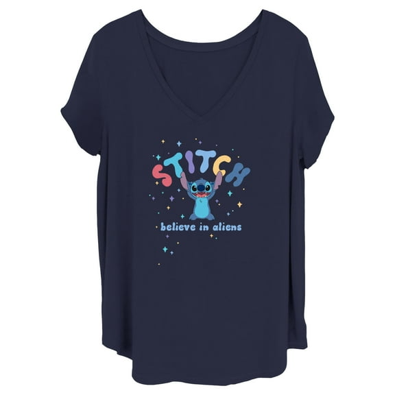 Women's Lilo & Stitch Believe in Aliens Stitch  Graphic Tee Navy Blue 2X