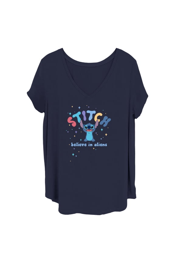Women's Lilo & Stitch Believe in Aliens Stitch Graphic Tee Navy Blue 2X