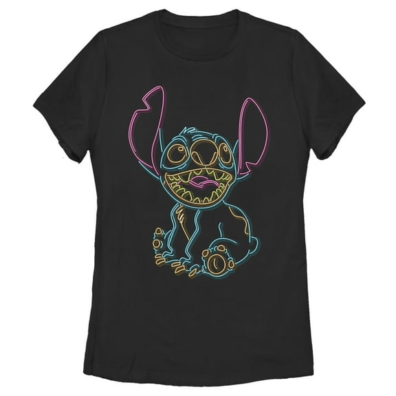 Women's Lilo & Stitch Bright Neon Outline  Graphic Tee Black Large