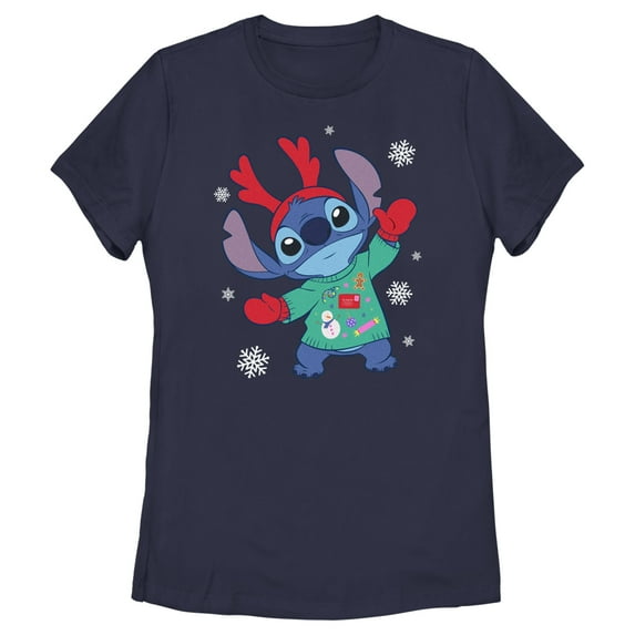 Women's Lilo & Stitch Christmas Outfit Stitch Graphic Tee Navy Blue Medium