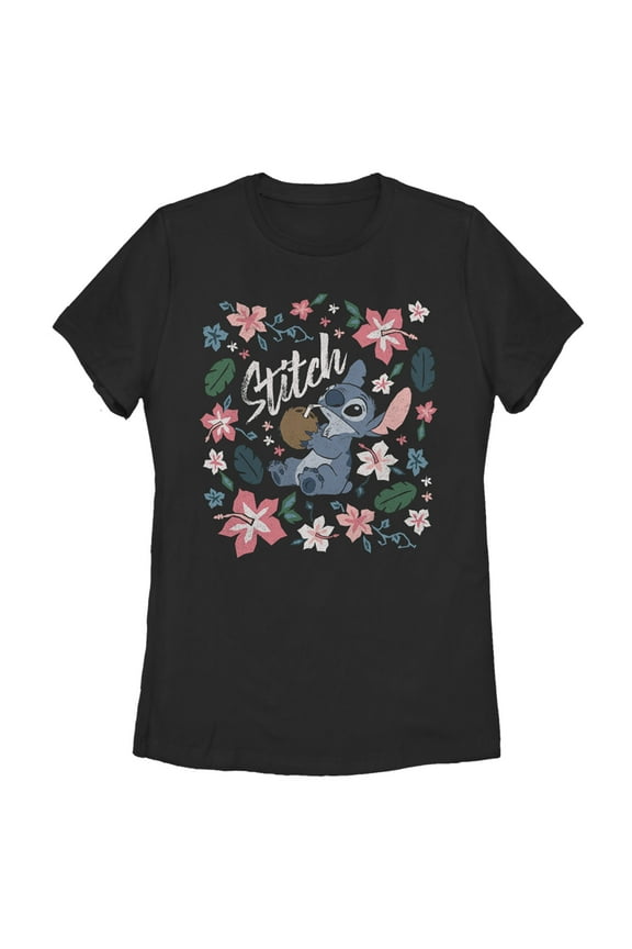 Women's Lilo & Stitch Flowers and a Coconut Graphic Tee Black Medium