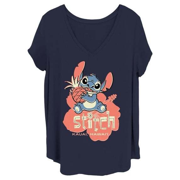 Women's Lilo & Stitch Kauai Pineapple Stitch Graphic Tee Navy Blue 1X