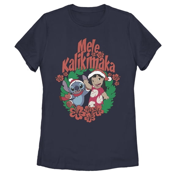 Women's Lilo & Stitch Mele Kalikimaka Christmas Graphic Tee Navy Blue Medium