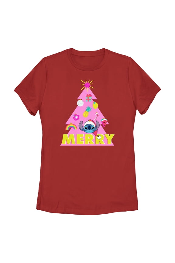 Women's Lilo & Stitch Merry Christmas Tree Graphic Tee Red Medium