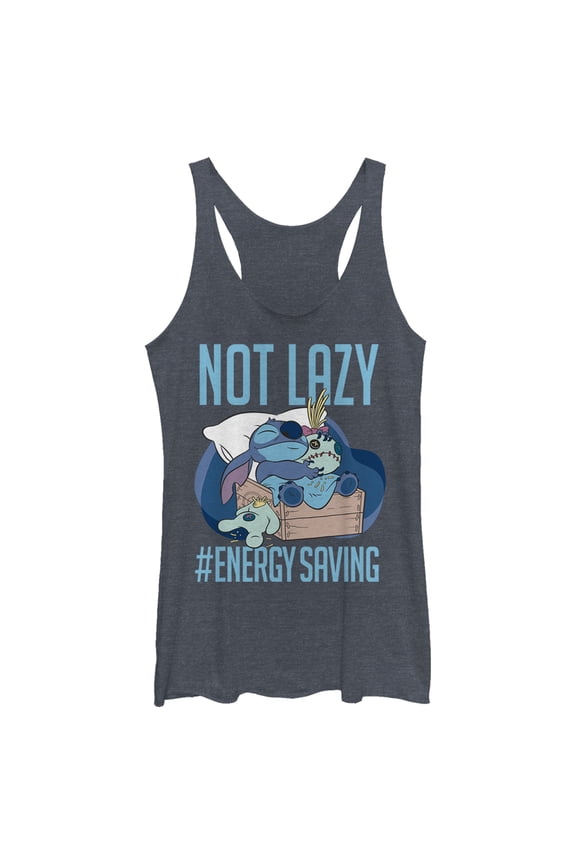 Women's Lilo & Stitch Not Lazy, Saving Energy Racerback Tank Top Navy Blue Heather X Large