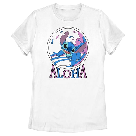 Women's Lilo & Stitch Pink and Blue Aloha Graphic Tee White Small
