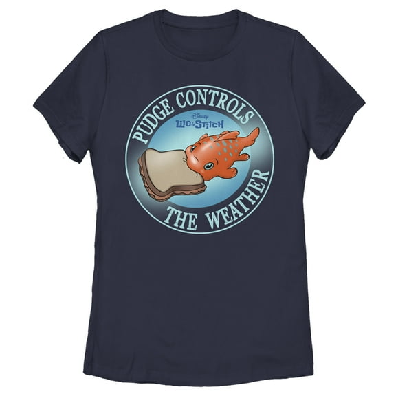 Women's Lilo & Stitch Pudge Controls the Weather  Graphic Tee Navy Blue Small