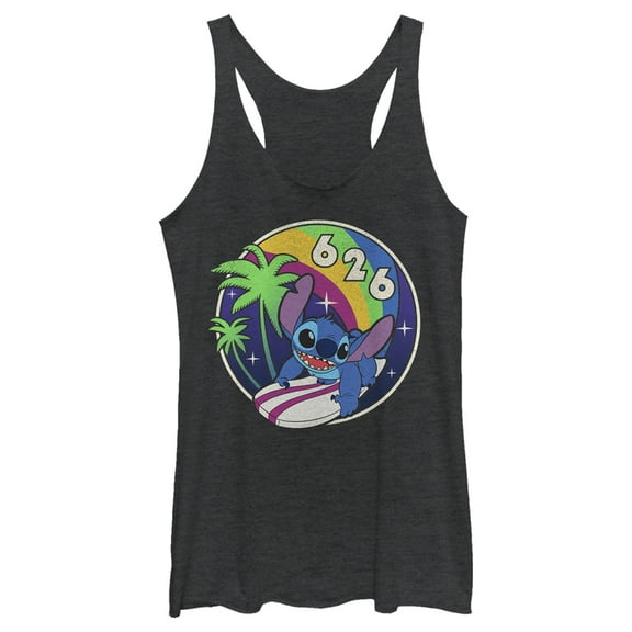 Women's Lilo & Stitch Retro Rainbow Surfboard  Racerback Tank Top Black Heather X Large