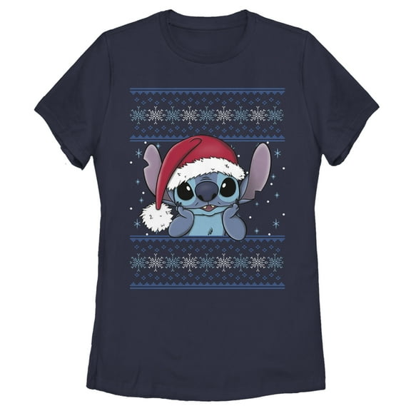 Women's Lilo & Stitch Santa Hat Ugly Sweater  Graphic Tee Navy Blue Large