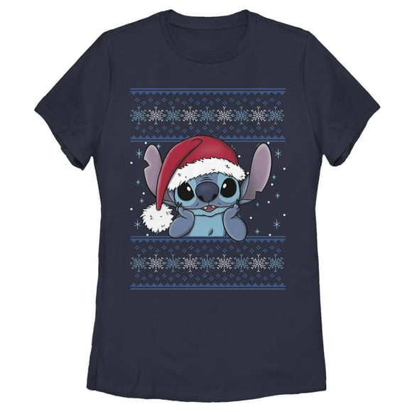 Women's Lilo & Stitch Santa Hat Ugly Sweater  Graphic Tee Navy Blue Large