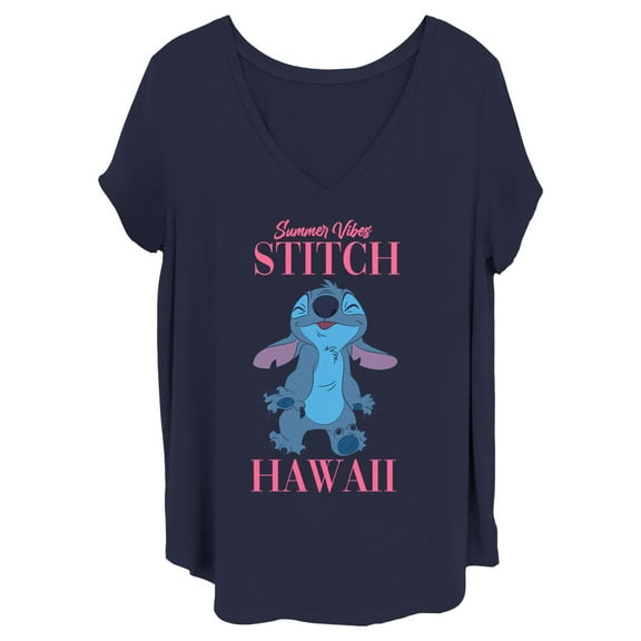 Women's Lilo & Stitch Summer Vibes Stitch  Graphic Tee Navy Blue 1X
