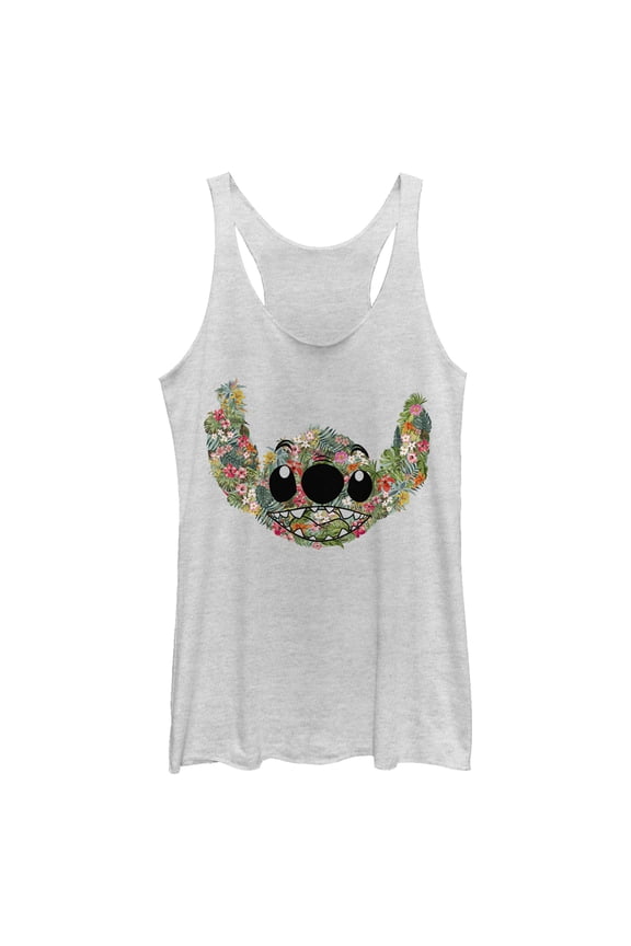 Women's Lilo & Stitch Tropical Flower Big Face Racerback Tank Top White Heather Medium