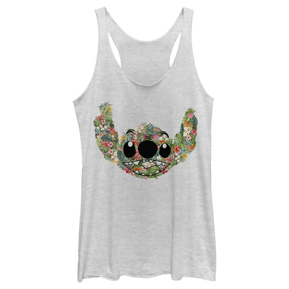 Women's Lilo & Stitch Tropical Flower Big Face Racerback Tank Top White Heather X Large