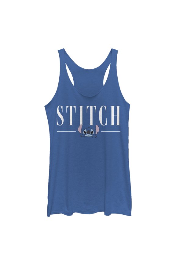 Women's Lilo & Stitch White Script Face Racerback Tank Top Royal Blue Heather Medium