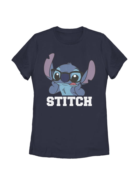 Women's Lilo & Stitch With Silly Black Glasses, Reading Time Graphic Tee Navy Blue Small