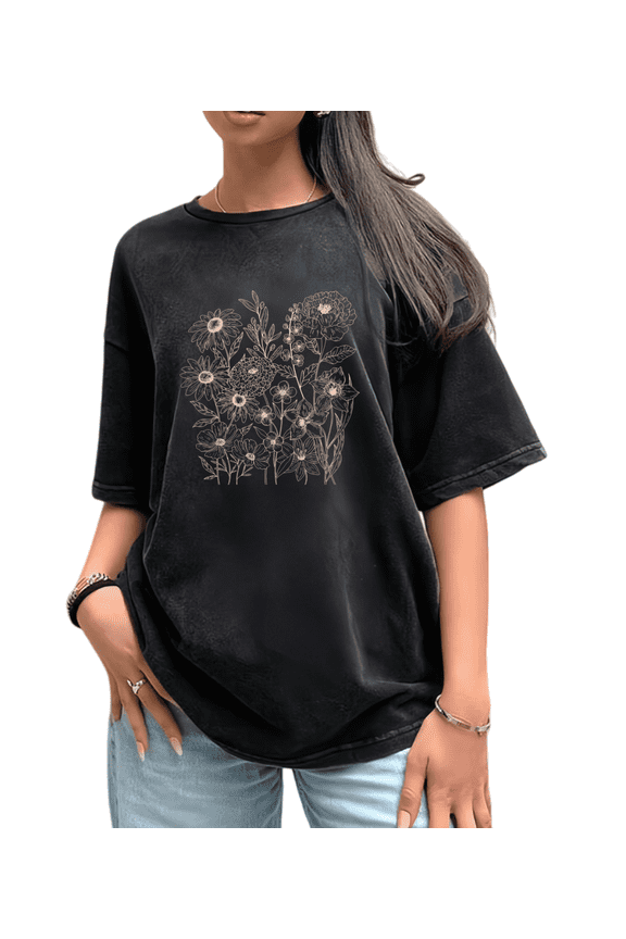 Women's Line Floral Graphic Breathable Washed T Shirt Casual Top Comfortable Black S-2XL Plus Size
