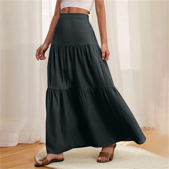 Women's A Line Pleated Maxi Skirts Summer Elastic Waist Boho Flowy Long Skirts Womens Casual Solid Loose Fits Lightweight Comfy Beach Vacation Skirt Dresses
