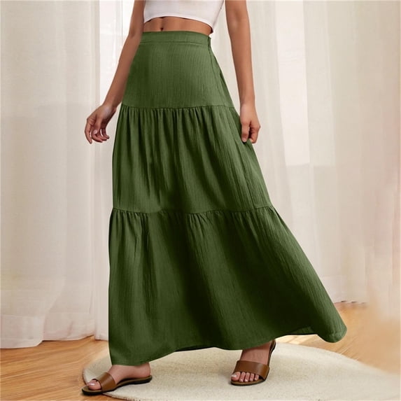 Women's A Line Pleated Maxi Skirts Summer Elastic Waist Boho Flowy Long Skirts Womens Casual Solid Loose Fits Lightweight Comfy Beach Vacation Skirt Dresses