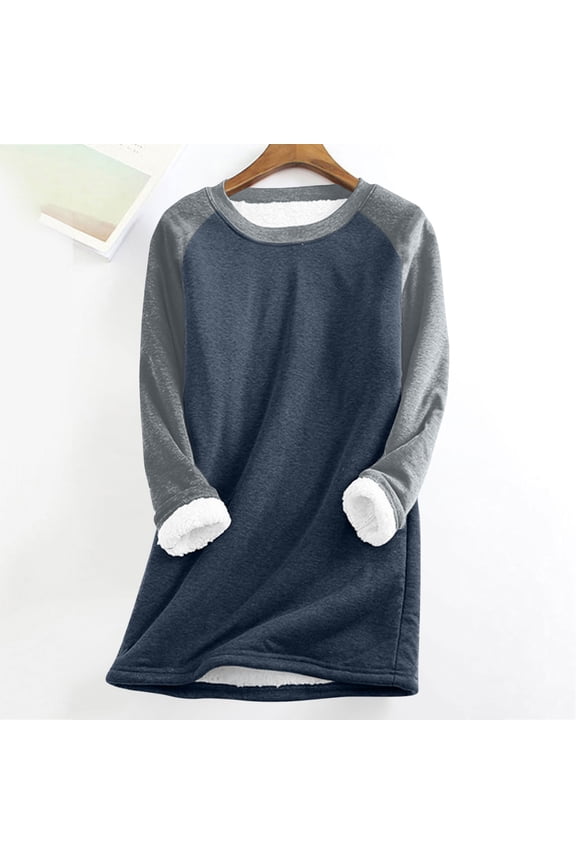 Women's Lined Fleece Blouses Sherpa Thick Sweatshirt Winter Clothing Solid Color Velvet Warm Top Causal Round Neck Long Sleeve Shirts Loungewear