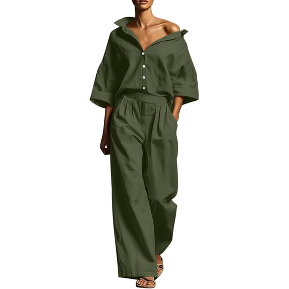 Women's Linen 2 Piece Outfit Oversized Button Down Shirts High Waist Pleated Wide Leg Pants Matching Tracksuit Set office Casual Outfits Green