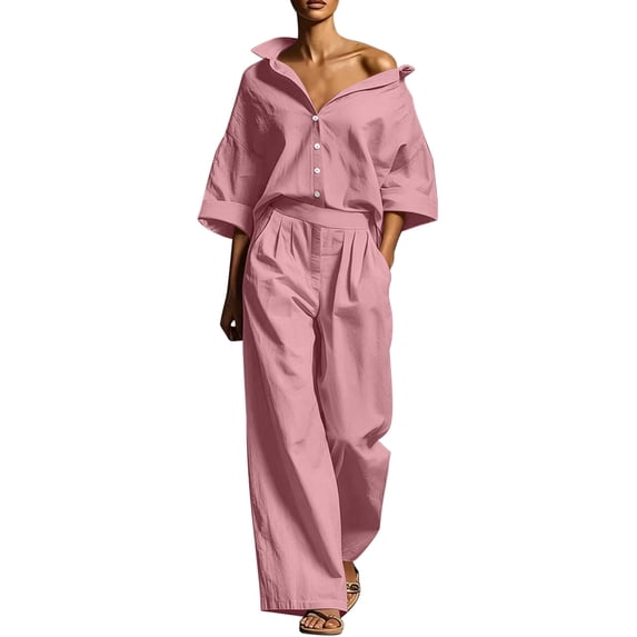 Women's Linen 2 Piece Outfit Oversized Button Down Shirts High Waist Pleated Wide Leg Pants Matching Tracksuit Set office Casual Outfits Pink