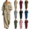 thumbnail image 1 of Women's Linen 2 Piece Outfit Oversized Button Down Shirts High Waist Pleated Wide Leg Pants Matching Tracksuit Set office Casual Outfits Wine, 1 of 7