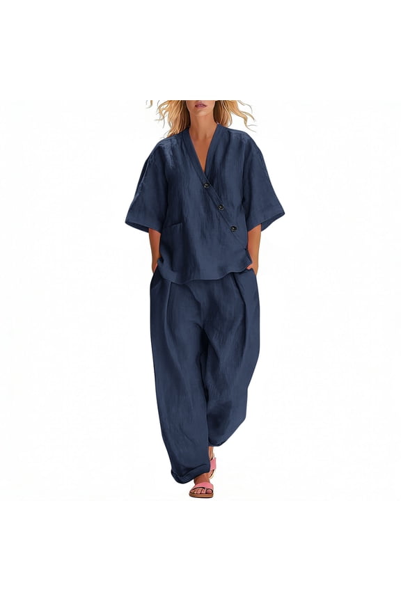 Women's Linen 2 Piece Outfits Cotton Gauze Japanese Kimono Shirt and Wide Leg Pants Stes Elegant Loungewear
