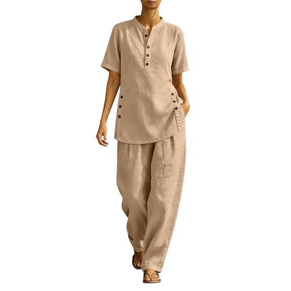 Women's Linen 2 Piece Outfits, Dressy Stand Collar Henley Shirts & Wide Leg Pants Business Casual Sets with Pockets