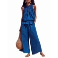 thumbnail image 1 of Women's Linen 2 Piece Outfits Sleeveless Ruffle Top Wide Leg Pants Summer Loungewear Beach Sets Blue M, 1 of 8