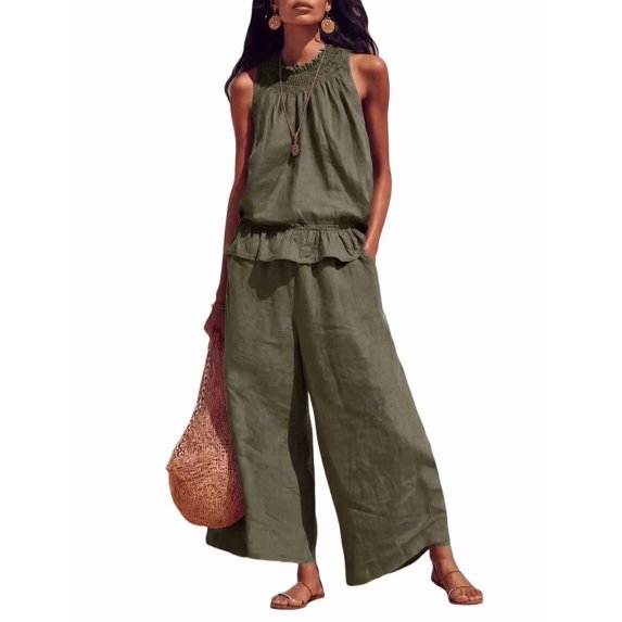 Women's Linen 2 Piece Outfits Sleeveless Ruffle Top Wide Leg Pants Summer Loungewear Beach Sets Green L