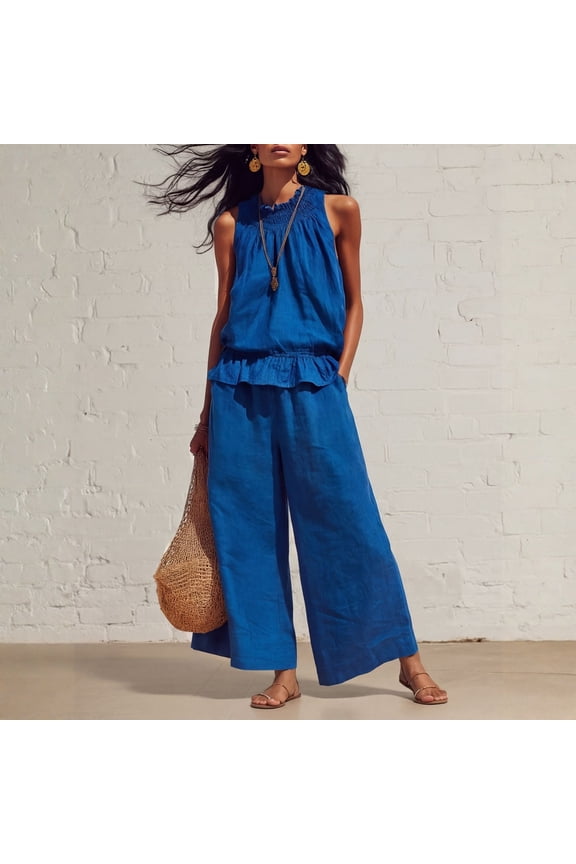 Women's Linen 2 Piece Outfits Sleeveless Ruffle Top Wide Leg Pants Summer Loungewear Beach Travel Sets Blue M