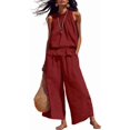 thumbnail image 1 of Women's Linen 2 Piece Outfits Sleeveless Ruffle Top Wide Leg Pants Summer Loungewear Beach Travel Sets, 1 of 8
