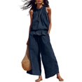 thumbnail image 1 of Women's Linen 2 Piece Outfits Sleeveless Ruffle Top Wide Leg Pants Summer Loungewear Beach Travel Sets, 1 of 8