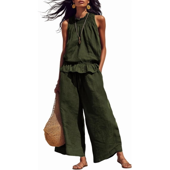 Women's Linen 2 Piece Outfits Sleeveless Ruffle Top Wide Leg Pants Summer Loungewear Beach Travel Sets