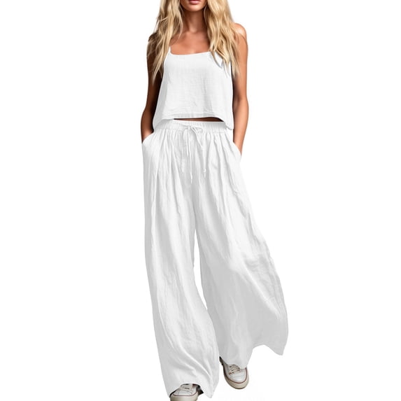 Women's Linen 2 Piece Outfits Sleeveless Tank Tops Wide Leg Flowy Pants Summer Casual Dressy Matching Sets with Pockets