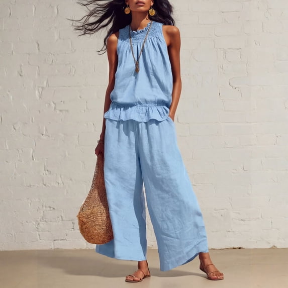 Women's Linen 2 Piece Outfits Summer Loungewear Sleeveless Ruffle Top Wide Leg Pants Beach Travel Sets