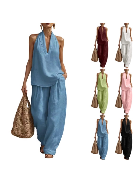 Women's Linen 2 Piece Set Casual Sleeveless V Neck Halter Top Matching Baggy Wide Leg Pants Summer Outfits,Sky Blue S