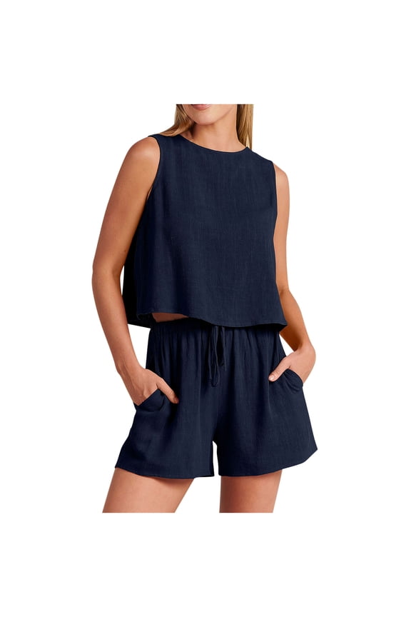 Women's Linen 2 Piece Set Short Suits Fall Summer Casual Fashion Button Spring Thin Elastic Waist Matching Set