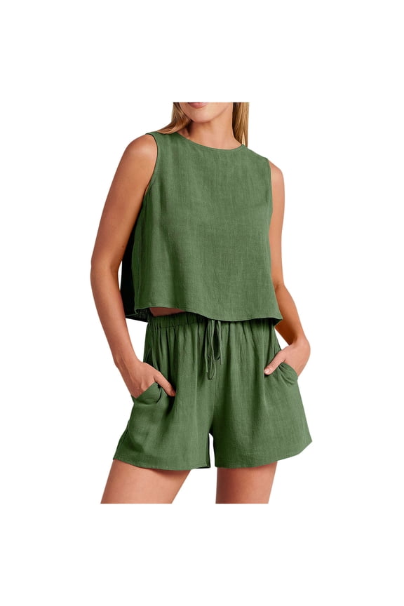 Women's Linen 2 Piece Set Short Suits Fall Summer Casual Fashion Button Spring Thin Elastic Waist Matching Set