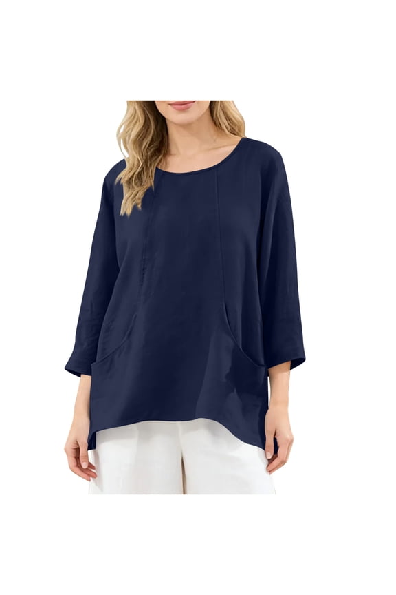 Women's Linen 3/4 Sleeve Blouse Dressy Crew Neck Shirts Summer Casual Tops Loose Fit Boho Beach Vacation Shirts with Pockets